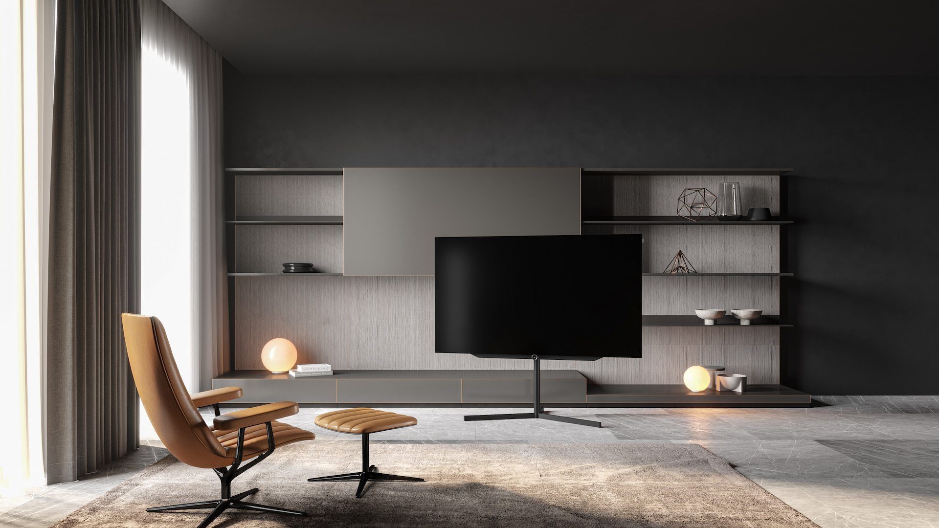 Modernes Wohnzimmer mit einem Fernseher und einem Stuhl, stilvoll eingerichtet und gut beleuchtet.
